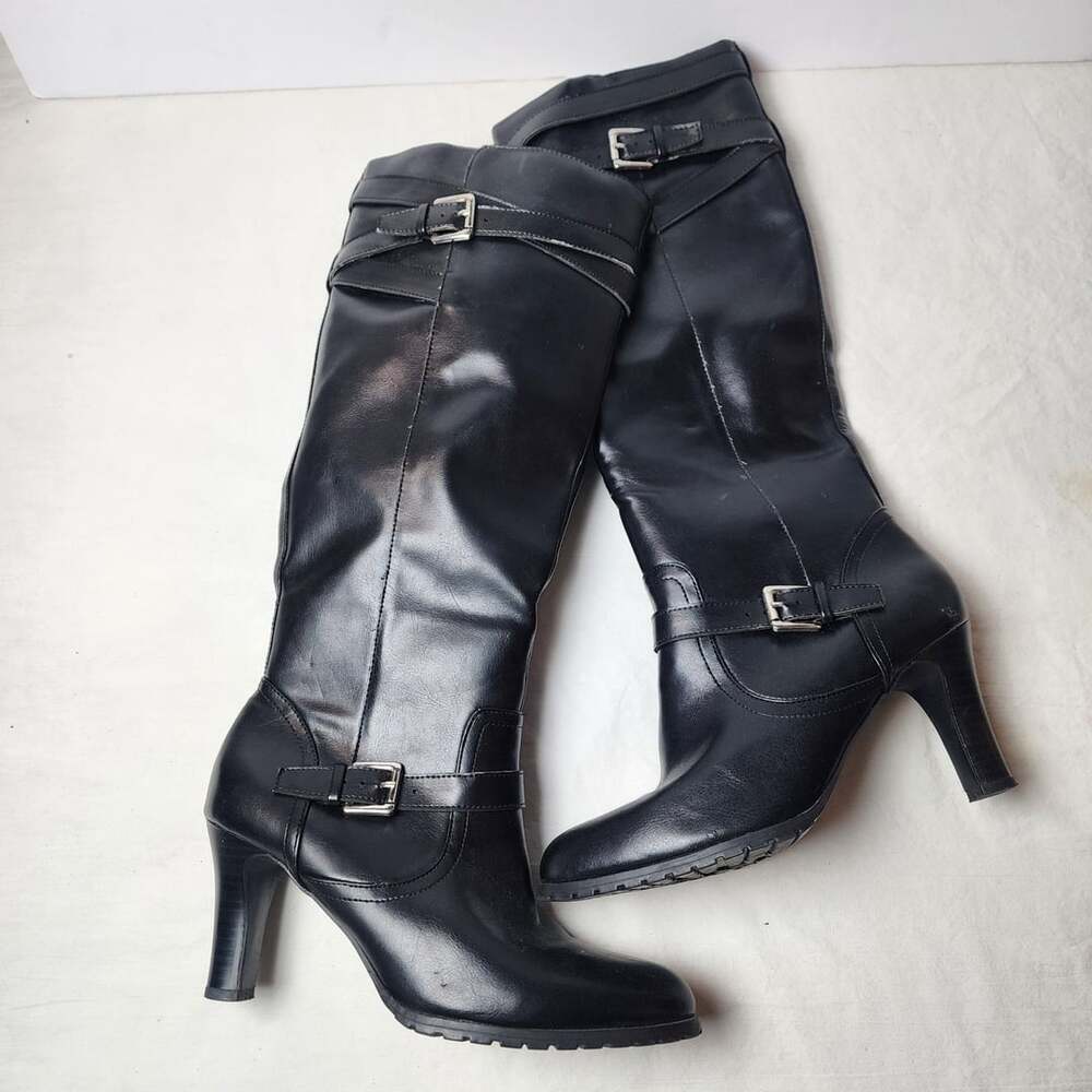 Chaps Black Faux Leather Knee High Heeled Boots Size 8